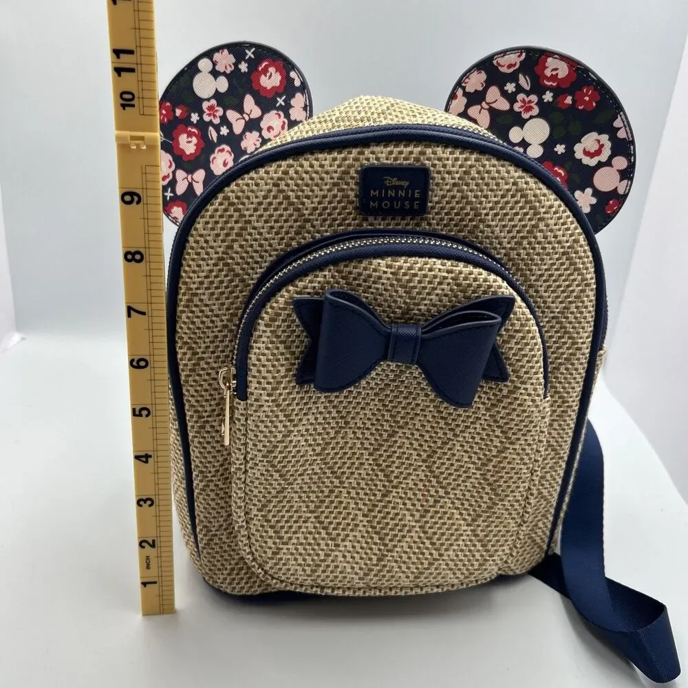Disney Minnie Mouse Straw Backpack Floral Ears Bow Navy Blue Loungefly Style